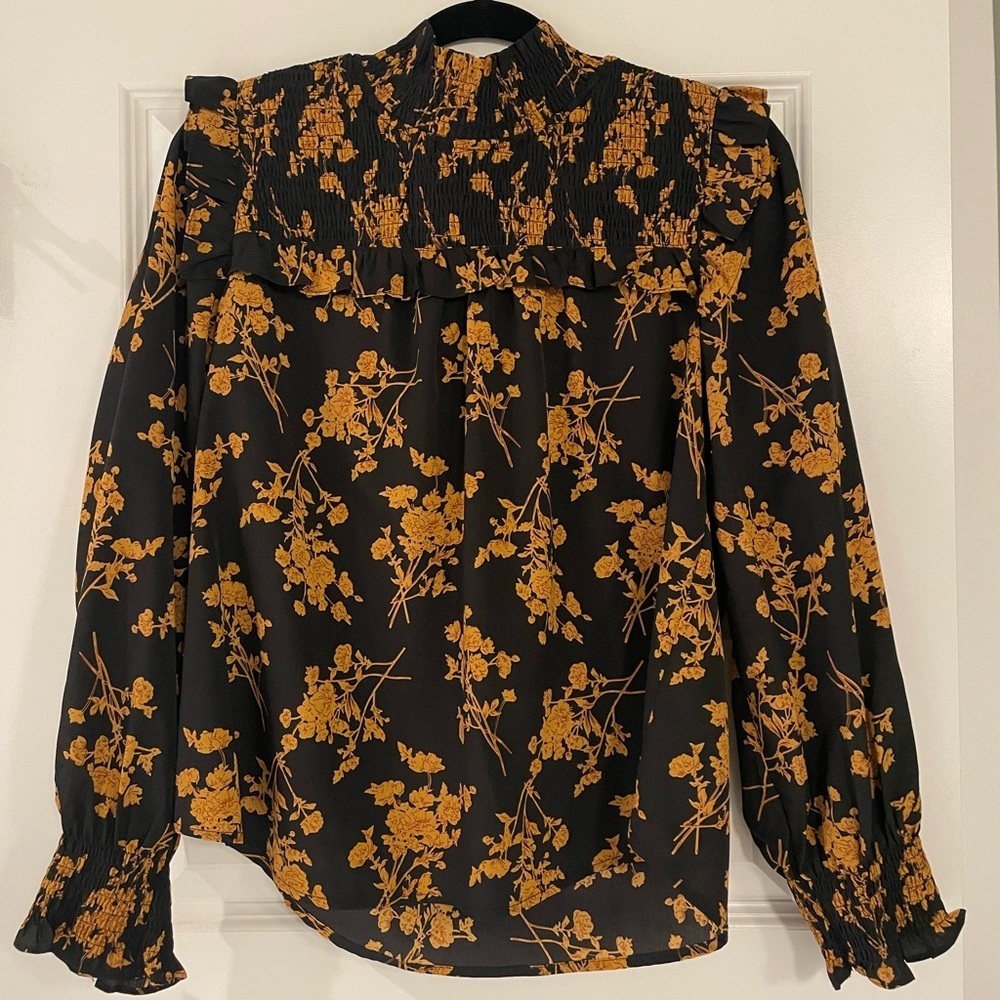 THML Floral Black and Mustard Smocked Mock Neck Women's Blouse, Medium - Picture 1 of 7
